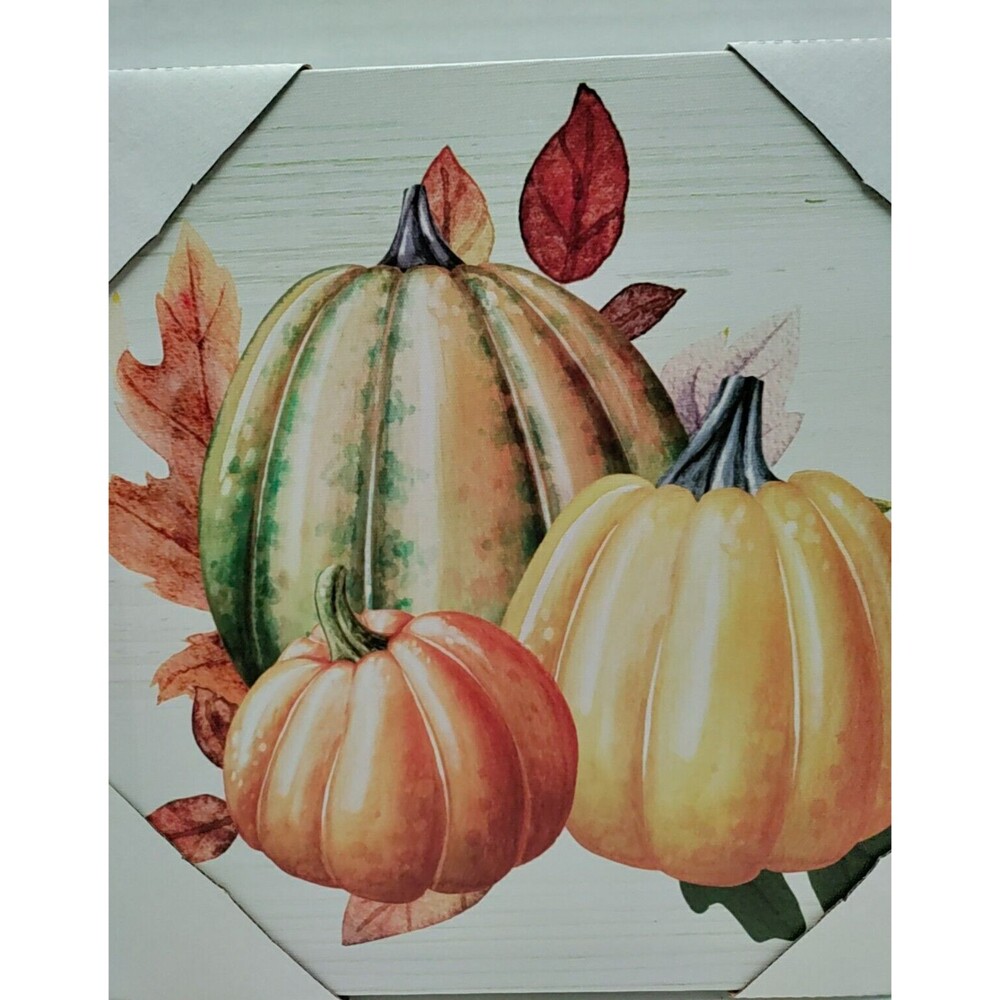 Canvas Lithograph Of 3 Pumpkins & Fall Leaves 10x10 - Picture 2 of 4